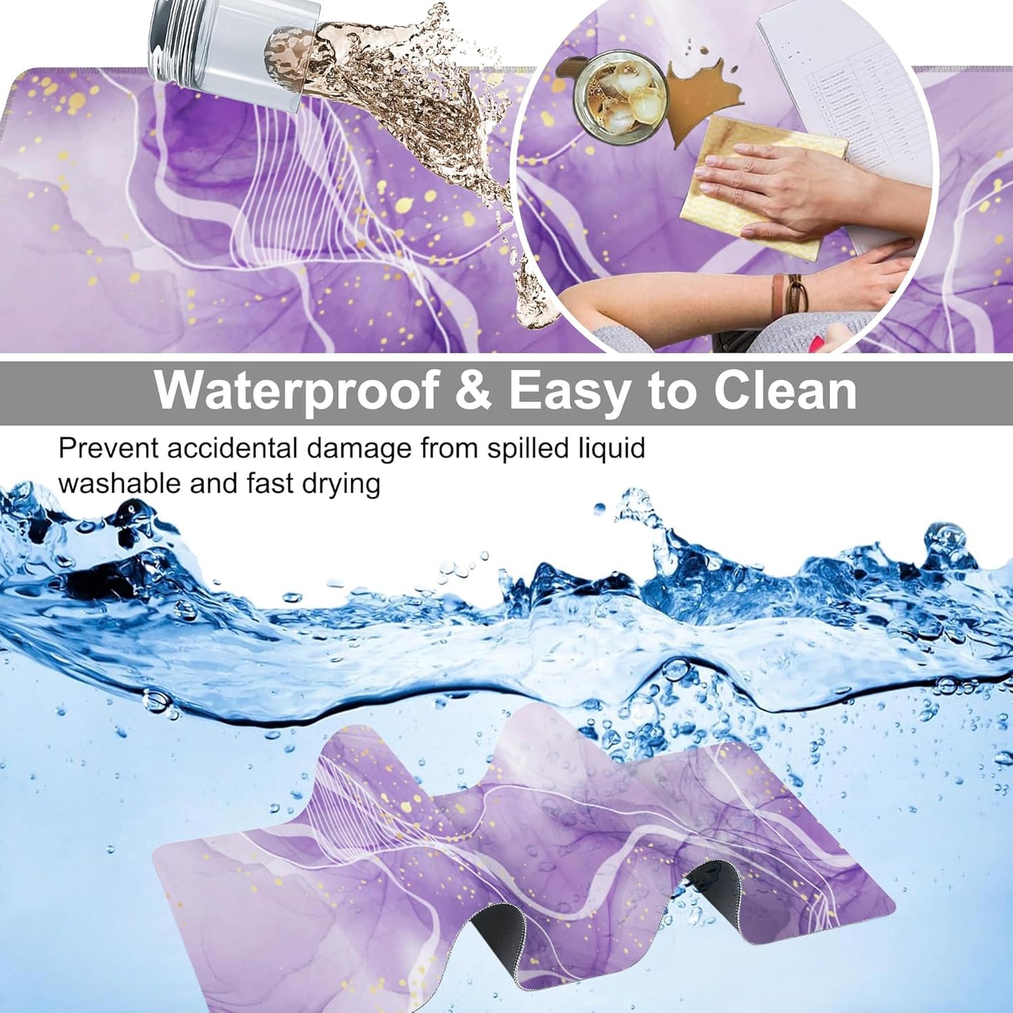 Watercolor Purple Marble Desk Mat,Large Violet Marble Texture Gaming Keyboard Mouse Pad,Non-Slip Rubber Base Desk Pad Thick Stitched Edges Waterproof Mousepad Mouse Mat 31.5"x11.8"