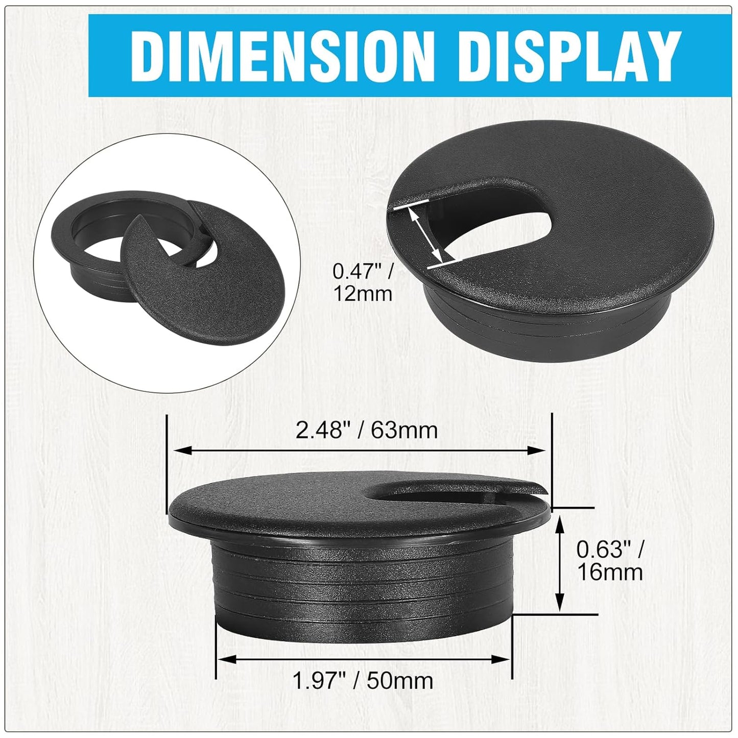 2" Black Desk Grommet, JTemgle Plastic Cable Hole Cover Computer Table Cord Wire Organizer Caps Desktop Cord Management for Home Office TV Stands Tabletops, 2 Pieces