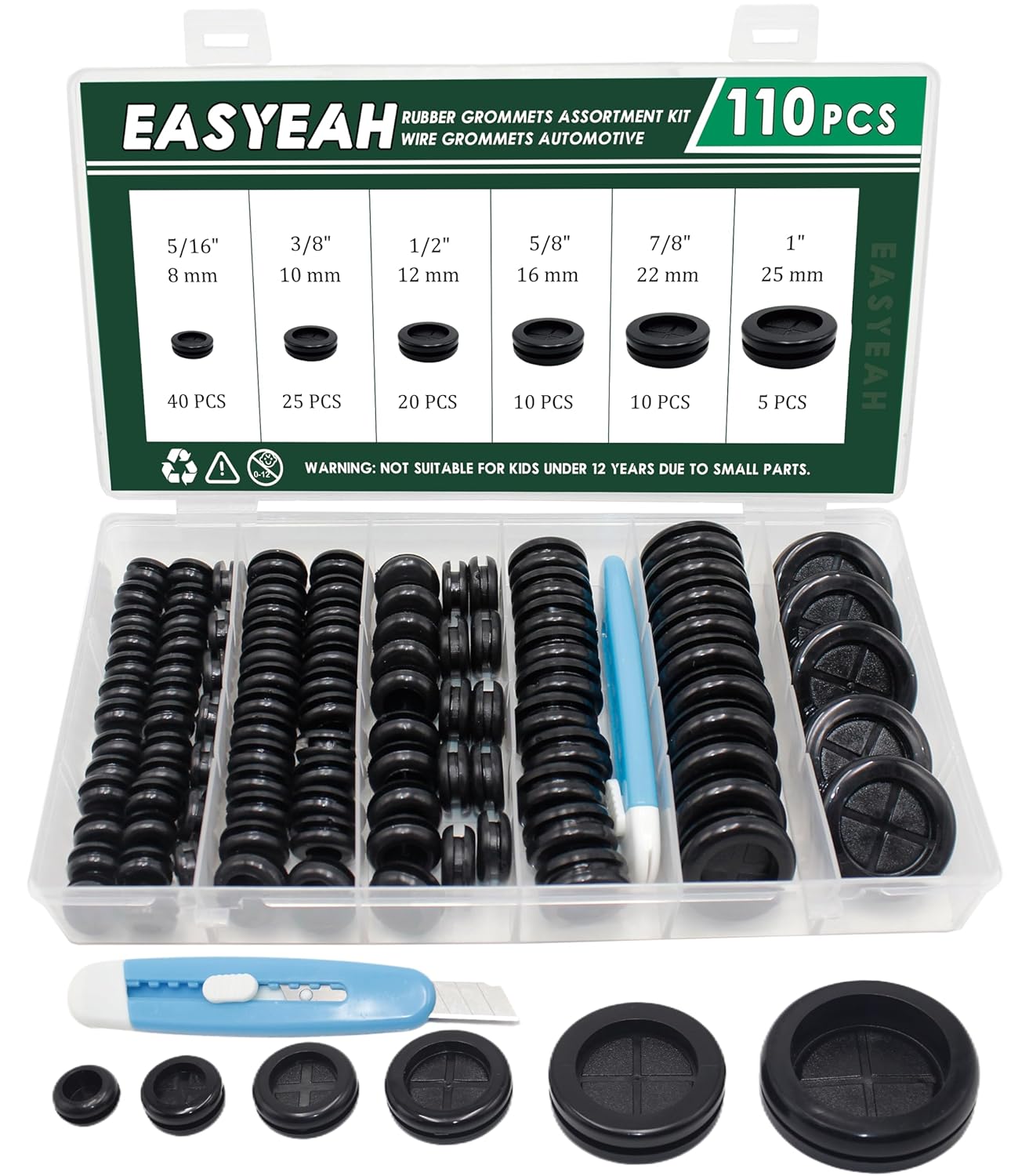 110 Pcs Rubber Grommets Kit - Rubber Plugs for Holes Assorted 6 Sizes 5/16 3/8 1/2 5/8 7/8 1 Inch, Waterproof Firewall Automotive Wires Cables Grommets Set for Sheet Metal Electric Box Desk