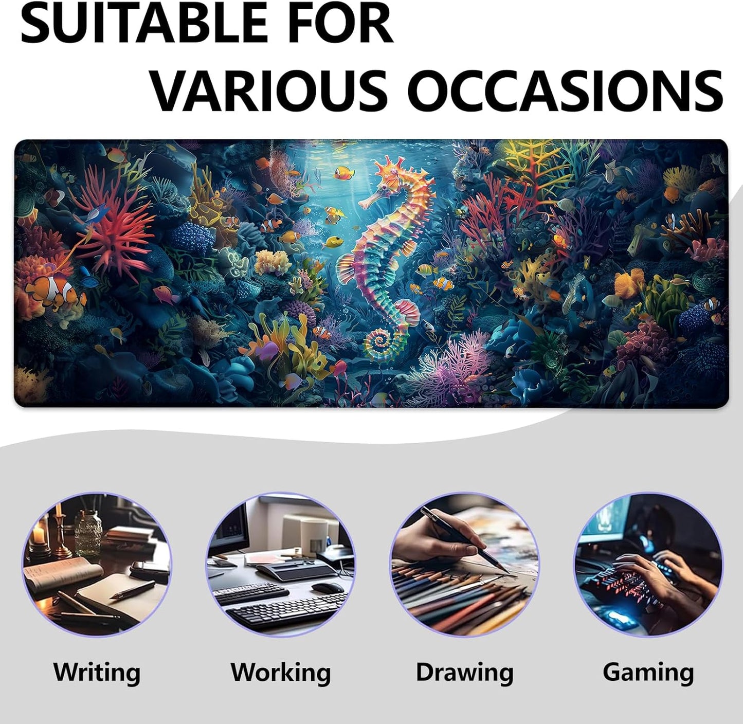 Seahorse Large Mouse Pad, Gaming Mouse Pad, Keyboard Mat, Non-Slip Rubber Base, Office Accessories, Desk Mat, MousePads for School, Work, Home Decor Gifts 31.5" x 11.8"