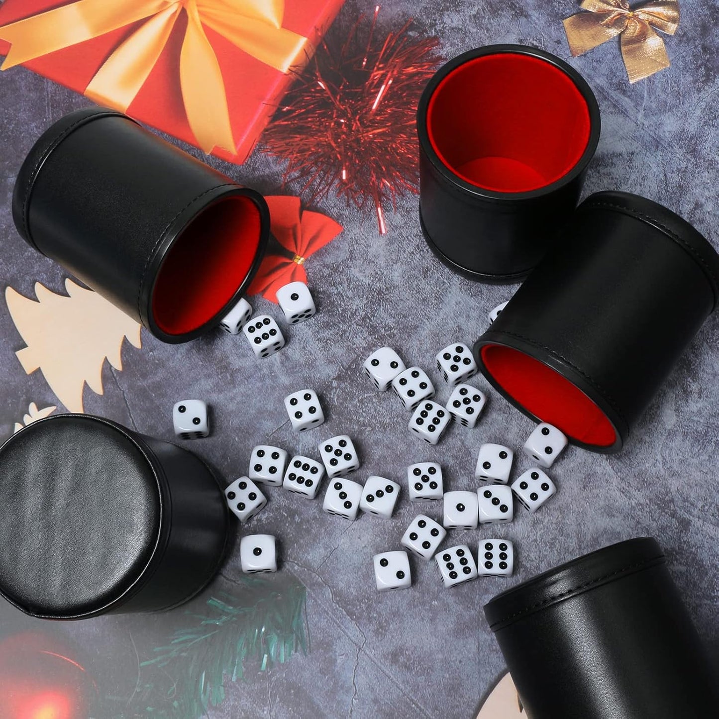 Leatherette Dice Cup Set Red Felt Lined Shaker with 6 Dot Dices for Yahtzee Farkle Bar Party Dice Games-5 Pack