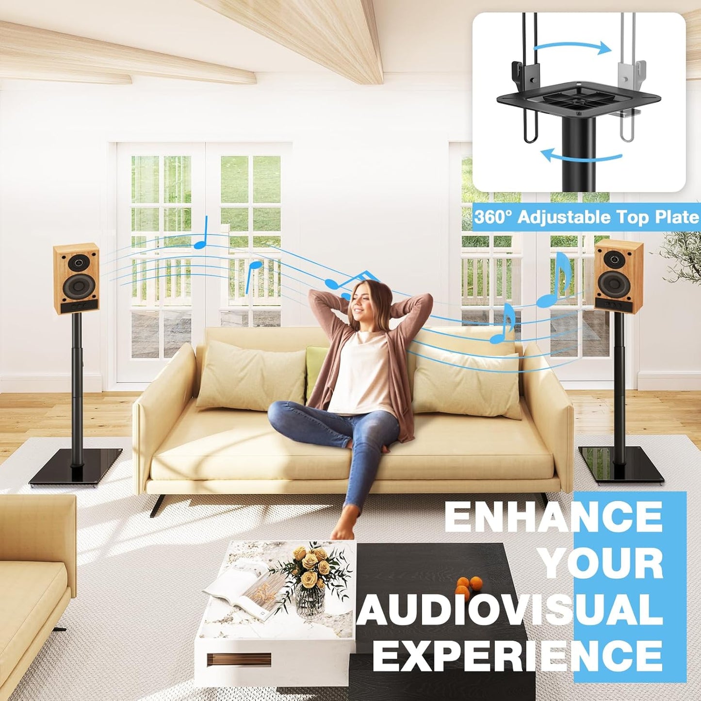 Rfiver Bookshelf Speaker Stands Pair, Height Adjustable Rear Speaker Stands from 32" to 43" with 360° Swivel, 11 lbs Capacity, Set of 2 for Satellite & Small Bookshelf Speakers