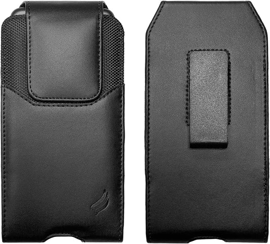 Leather Cellphone Holster for iPhone SE (2020/2022), 11 Pro, 12 13 14 15 16 17, Samsung Galaxy S22 S23 S24 S25 - Vertical Case Waist Carrying Pouch with Belt Clip/Loops, Black