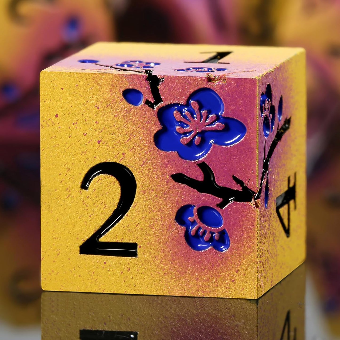 DNDND Flowers Metal Dice, 7 PCS Metallic DND Dice with Gorgeous Gift Case for D&D Dungeons and Dragon Tabletop Game (Earth Yellow and Purple)