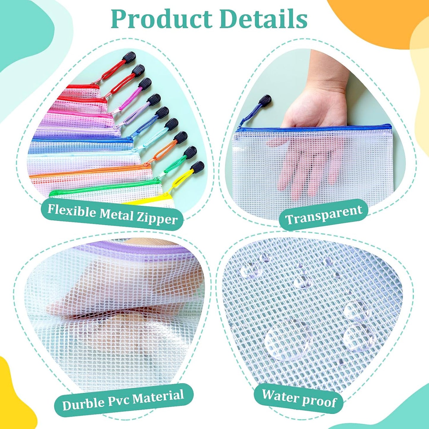 10pcs Mesh Zipper Pouch Bags, 10 Sizes Zipper Bags for Organizing, Mesh Bags with Zipper, 10 Colors Plastic Zipper Pouches, Puzzle Bags, Board Game Storage Bags, Travel Pouch