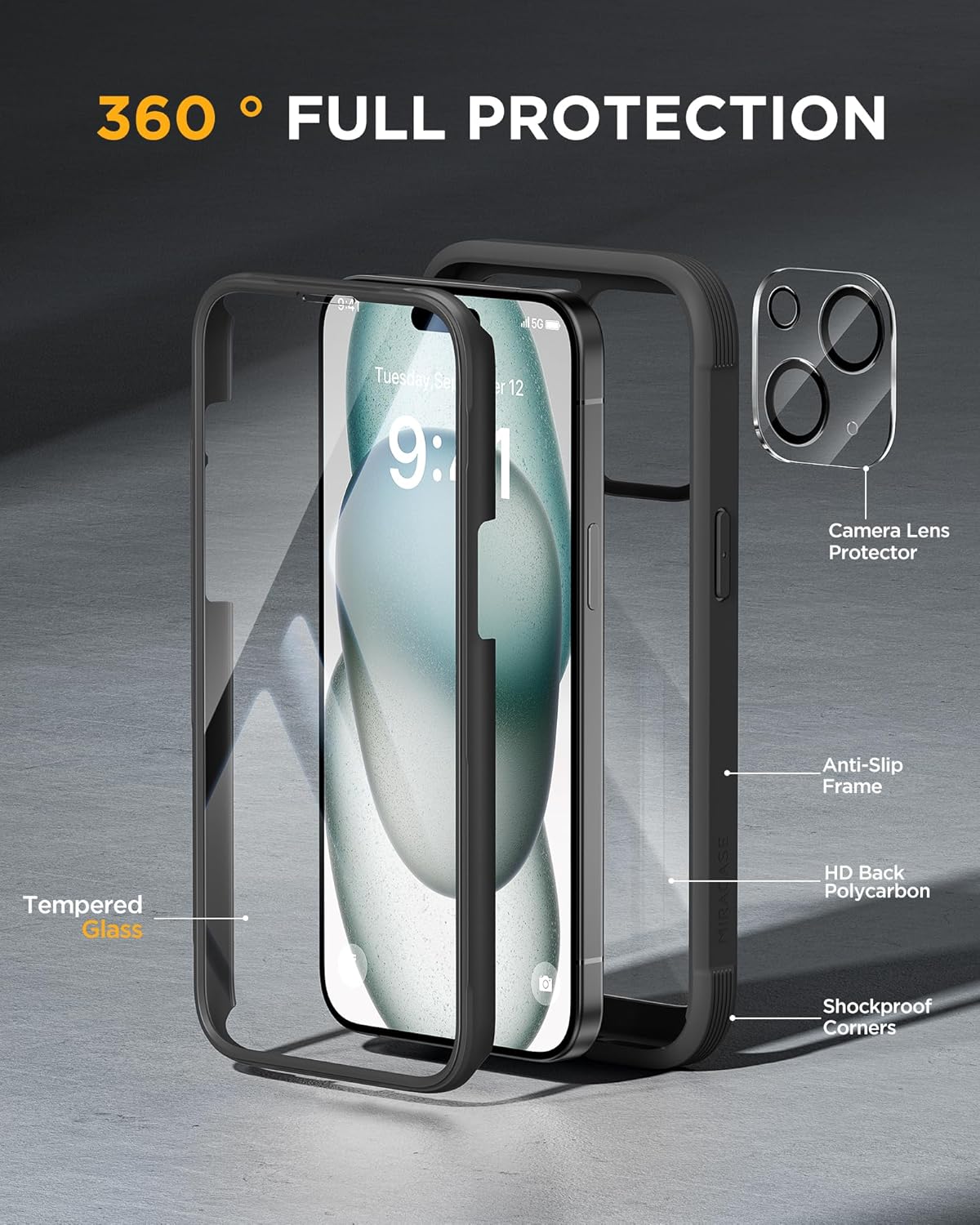 Miracase Glass Series Designed for iPhone 15 Plus Case 6.7',Full-Body Military Drop Proof 15 Plus Phone Case Cover with Built-in 9H Tempered Glass Screen Protector,Black