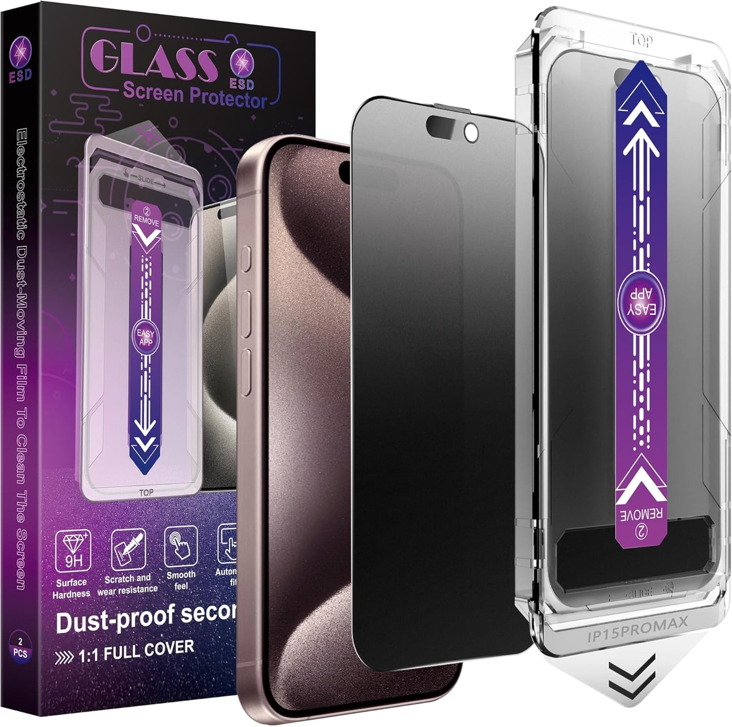 2 Pack Matte Privacy Screen Protector for iPhone 16 Pro Max, 9H Tempered Glass, Full Coverage, Anti-Fingerprint, Auto Dust-Elimination, No Bubble, Easy Installation