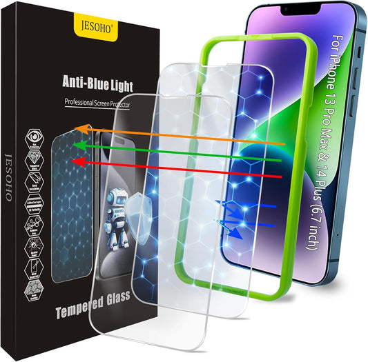 Screen Protector for iPhone 13 Pro Max/14 Plus [6.7 Inch], Colorless Anti-Blue Light Tempered Glass Films, Eye Protection,9H Hardness, No Bubbles, Case Friendly Easy Installation Kit, 2 Pack