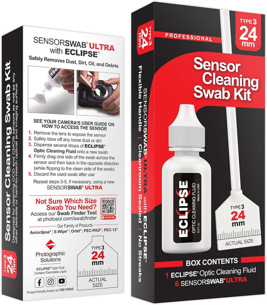 Sensor Cleaning Swab Kit - Eclipse Optic Cleaning Solution (0.5oz/15ml) + Type-3 Sensor Swab Ultra 24mm (Pack of 6) - for Full Frame CMOS and CCD Sensors - Dust & Oil Remover