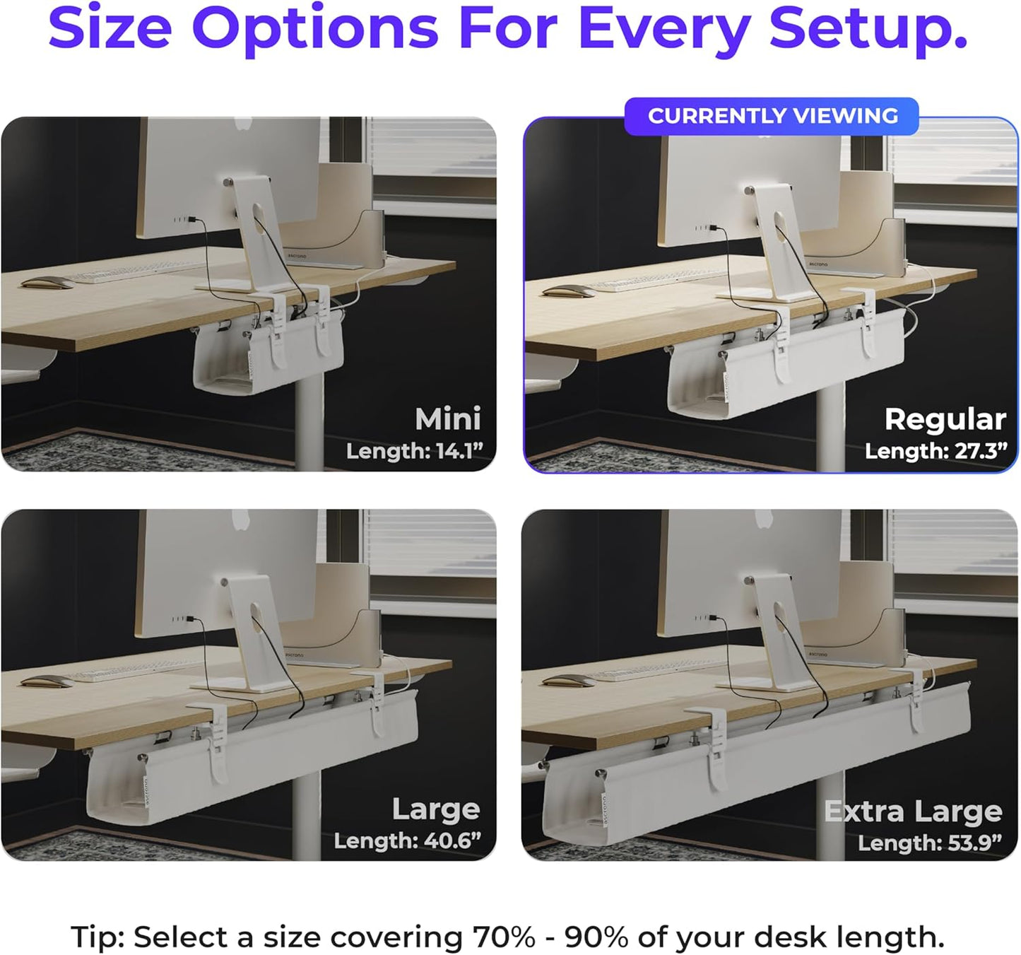 Ascrono Original No Drill Under Desk Cable Management Tray 27.3" - Premium White Fabric Cable Management Under Desk - Clamp/Screw Mount Cord Organizer - Supports Upto 66lbs