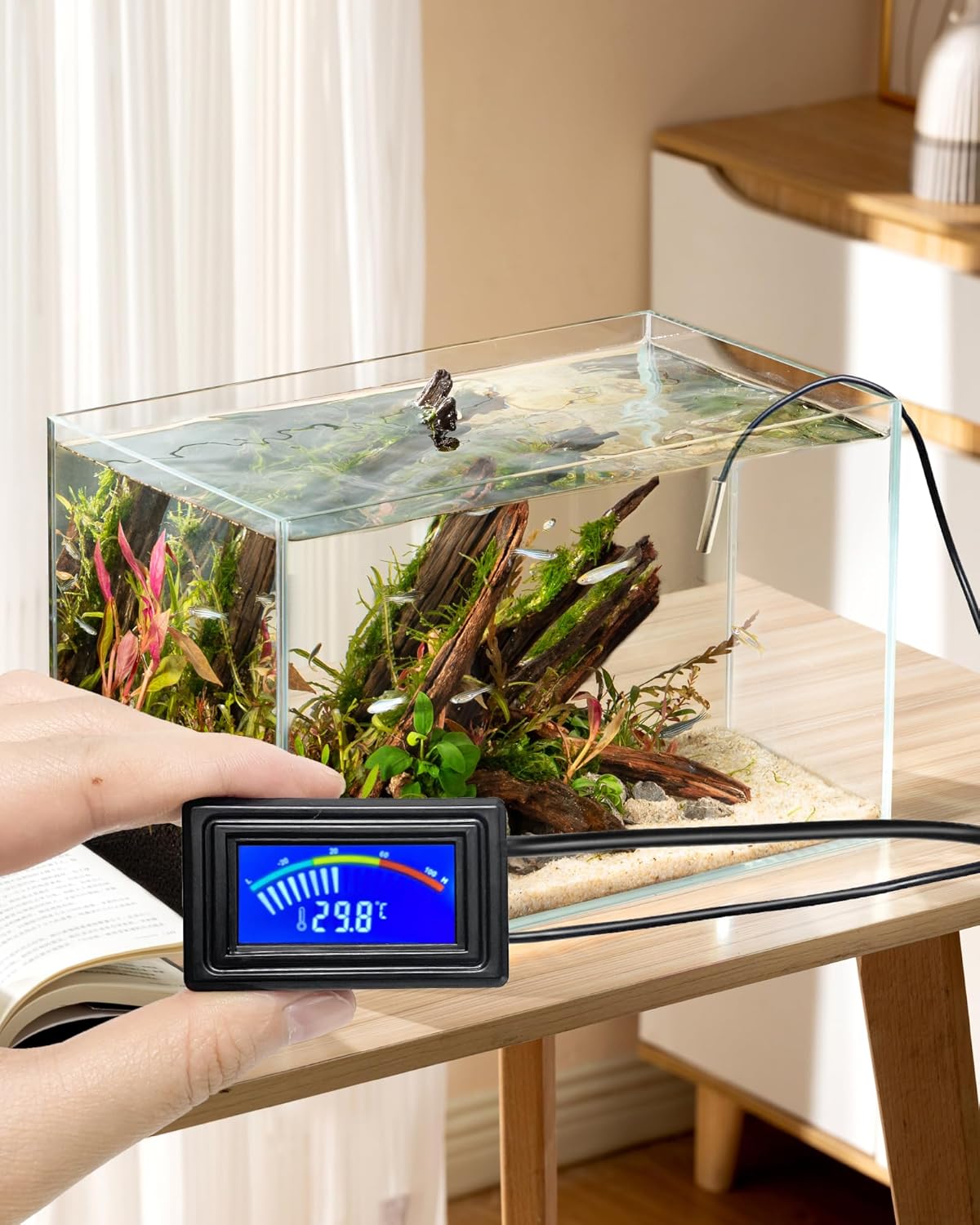 KEYNICE Digital Thermometer, Aquarium Thermometer, Digital Temperature Gauge, Temperature Monitor with Sensor, USB Power Supply, ℉ and ℃ Switchable, LCD Display, USB Thermometer Indoor Outdoor