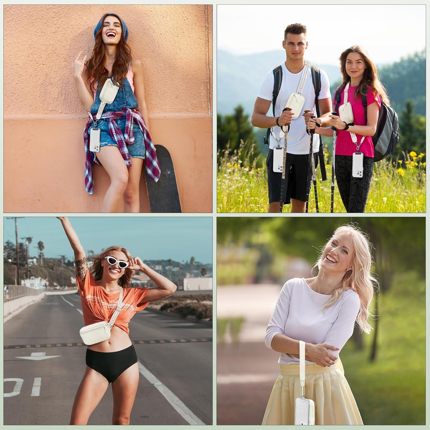 Clip and Go Strap for Phone with Wallet Crossbody, Adjustable Phone Lanyard with Detachable RFID Wristlet Wallet, Pattern Strap, Cream&Silver (M)