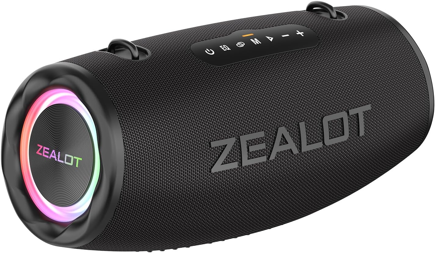 ZEALOT 80W Portable Bluetooth Speaker, Stereo Sound with Deep Bass,IPX6 Waterproof, LED Light,Bluetooth 5.2, Indoor/Outdoor Speaker for Party, Gathering, Pool, Camping,Travel (Black)
