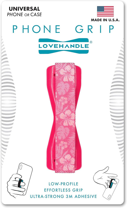 LOVEHANDLE Universal Phone Grip for Smartphones & Mini Tablets - Phone Holder for Hand - Wireless Charging Compatible - Made in The USA - Pink Aloha