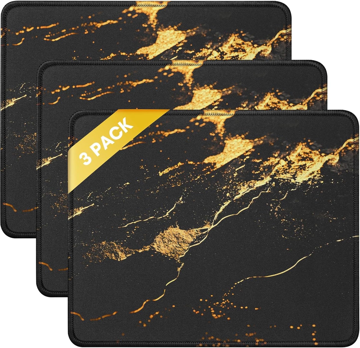 JIKIOU 3 Pack Mouse Pad with Stitched Edge, Comfortable Mouse Pads with Non-Slip Rubber Base, Washable Mousepads Bulk with Lycra Cloth, Mouse Pads for Computers Laptop Mouse 10.2x8.3in Yellow Gilding