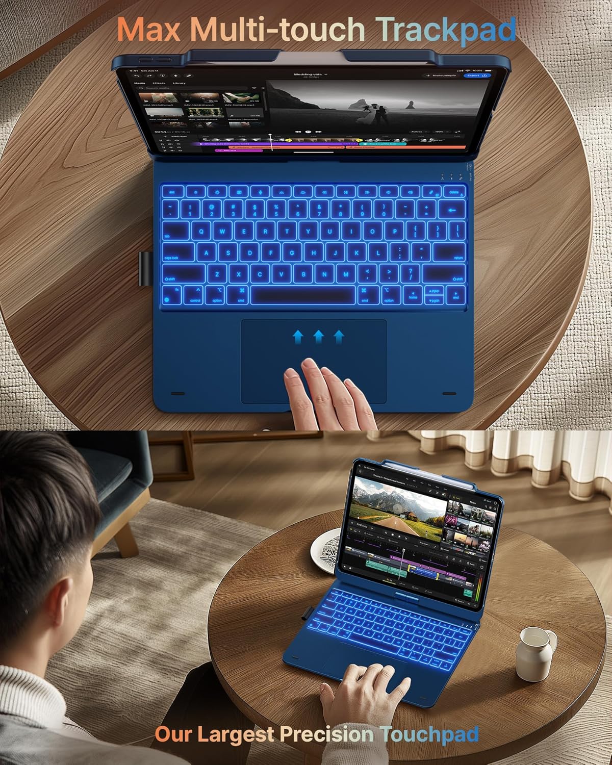 typecase Touch Case with Keyboard for iPad Pro 13-inch(M4, 2024), iPad Air 13-inch(M3, 2025/M2, 2024) & iPad Pro 12.9(6th/5th/4th/3rd Gen), Trackpad, 360° Rotatable, 11-Colors Backlit, Lake Blue