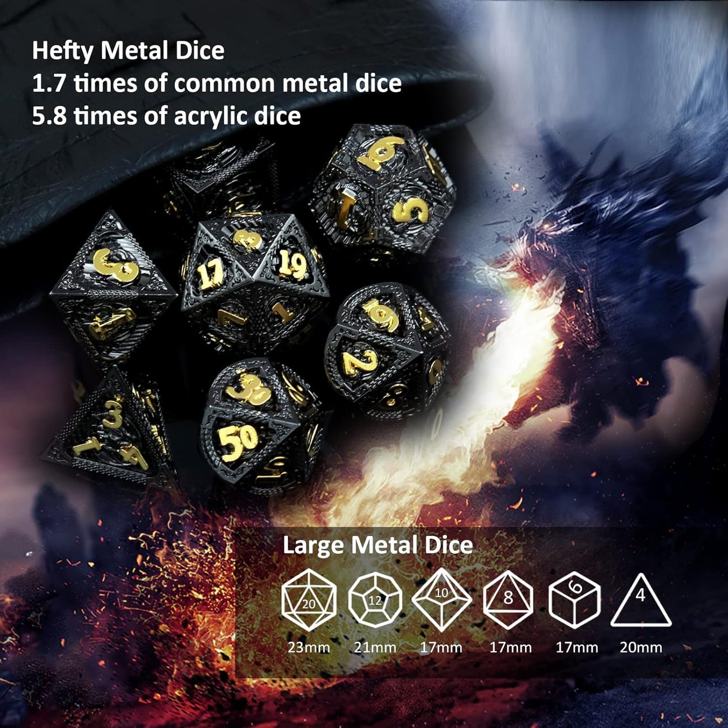 Haxtec Metal DND Dice Set Black Gold Metal D&D Dice with Fire-Breathing Dragon Elements & Leather Dice Bag Polyhedral Dice Compatible with Dungeons and Dragons TTRPG Gifts