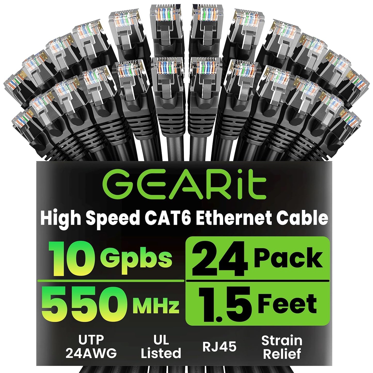 GearIT Cat 6 Ethernet Cable Pack - 24-Pack 1.5 ft Cat6 Ethernet Patch Cables | RJ45 Network Patch Cable, 10 Gbps Snagless Gold-Plated Connectors - Ethernet Cable Cat 6 for PC, TV, Router - Black