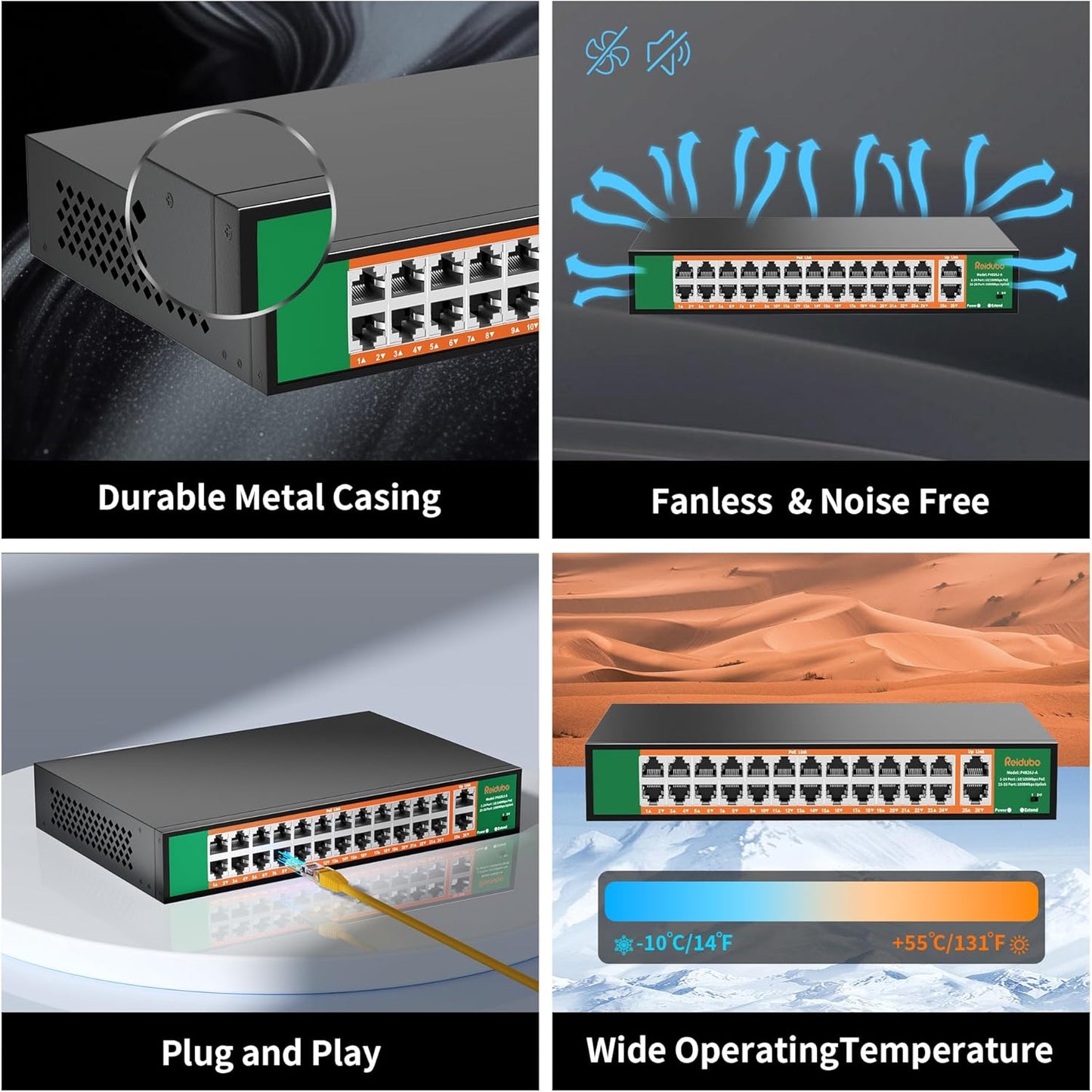 24 Port PoE Switch with 2 Gigabit Ethernet Uplink Port, Support IEEE802.3af/at, 400W High Power, Fanless, Plug and Play Unmanaged, Rackmount Ethernet Switch
