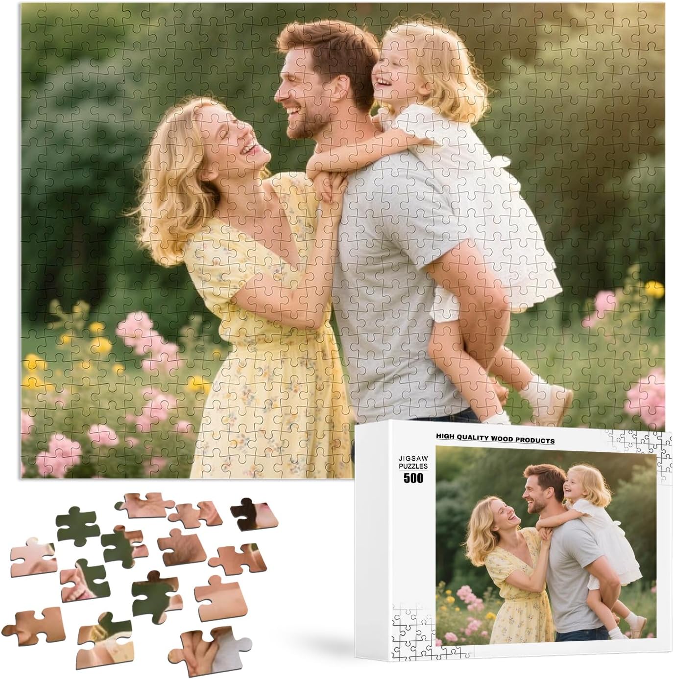 Custom Puzzles from Photos, Personalized Natural Wood Puzzle with 120/200/300/500/1000 Pieces, Customized Jigsaw Create Timeless Memories for Adults, Family, Father's Day, Lover, Pet