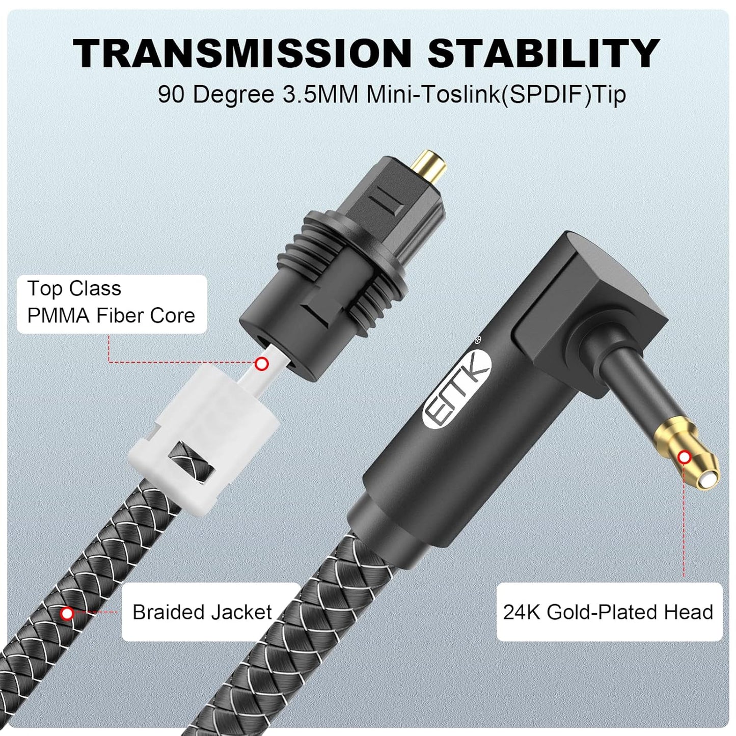 EMK Premium 90° Right-Angle Mini Toslink Cable (6Ft/2M) - 3.5mm Optical Digital Audio Cable for Sound Bars, TVs & Home Theater - SPDIF/Toslink Compatible, Black