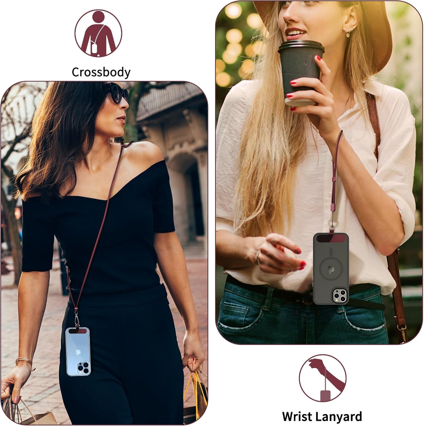 CACOE Phone Lanyard 2 Pcs-1 Pcs Adjustable Neck Strap, 1 Pcs Wrist Strap, 2 Pcs Pads, Universal Crossbody Multifuctional Cell Phone Lanyards Compatible with Most Smartphones(Dark Red)