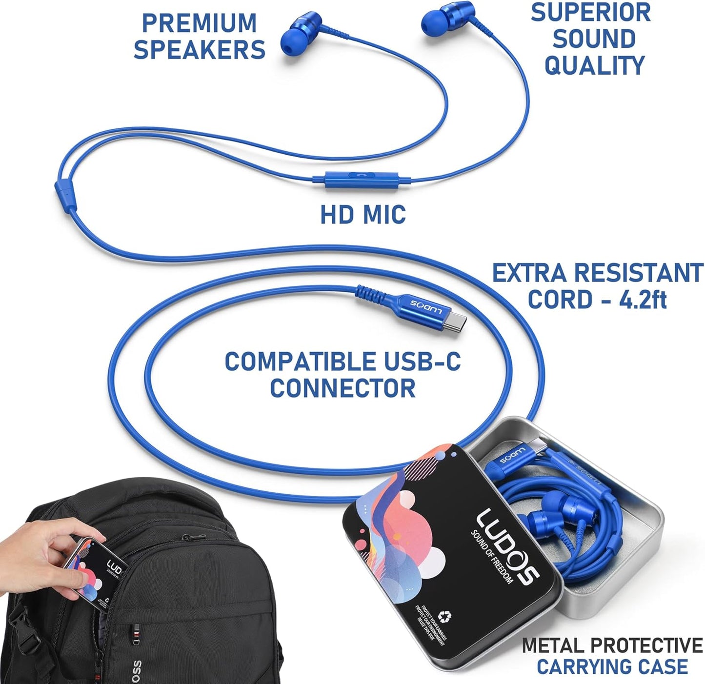 LUDOS OMNITONE USB C Headphones for iPhone 16 15 Pro Max Plus iPad Pro, 5 Years Warranty, USB-C Earbuds for Samsung Galaxy S24 S23 Ultra S22 S21 S20 A55 A54 A53, USB Type C Earphones - Blue