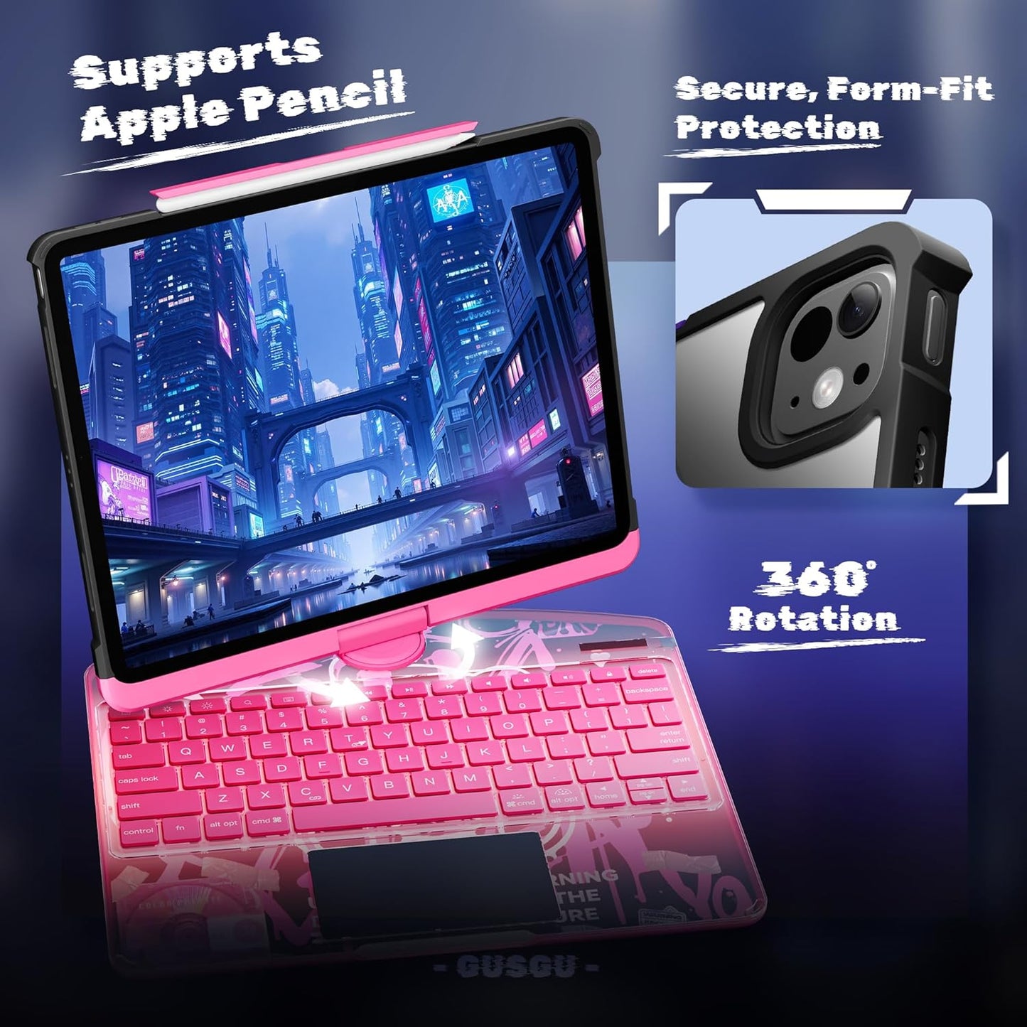 KITONE Transparent Case with Wireless Keyboard only for 2024 iPad Pro 11-in.(M4), 7 Colors Backlight, Trackpad, 360°Rotating Stand for iPad Pro 11(5th Gen), Tech Style