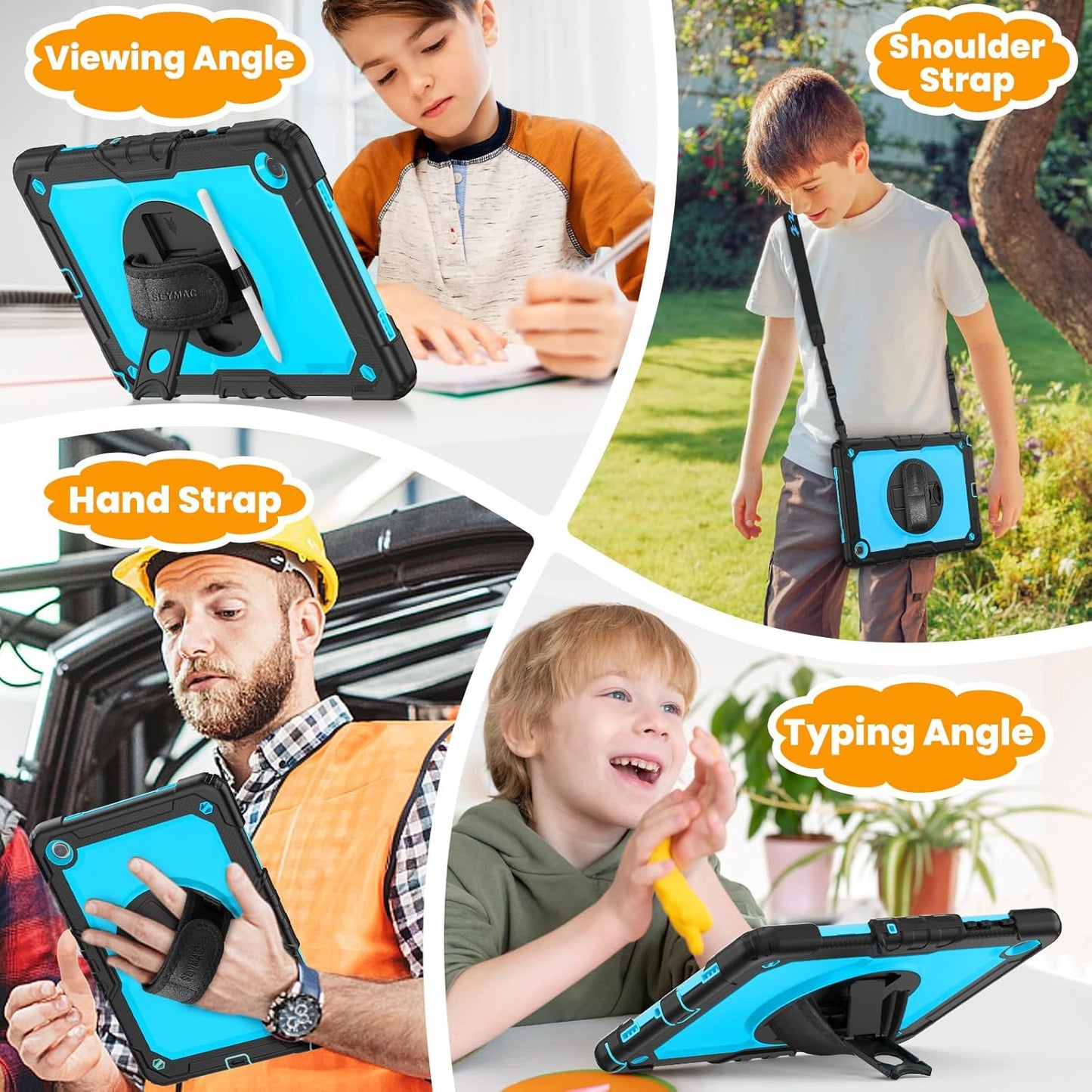 SEYMAC stock Case for Samsung Galaxy Tab A9+ Plus 11'', Full-Body Drop Protection Case with Screen Protector Pencil Holder [360° Rotating Hand Strap] &Stand, SkyBlue+Black