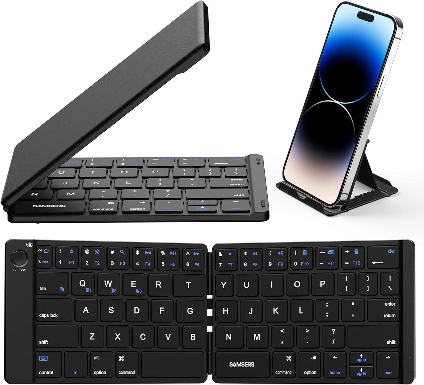 Samsers Bluetooth Foldable Keyboard, Wireless Portable Folding Keyboards, Full-Size Ultra-Slim Rechargeable Connect Up to 3 Devices for iOS Android Windows Phone Tablet and Laptop, Black