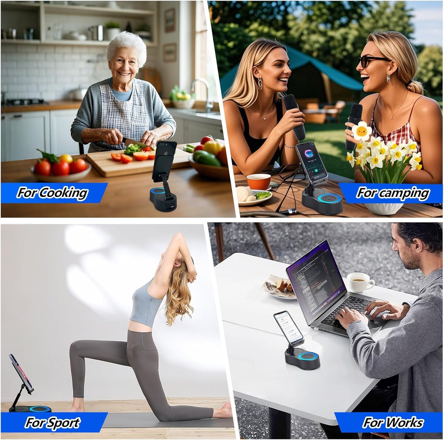 Gifts for Men Women,Cell Phone Stand with Wireless Bluetooth Speaker,Colorful Ambient Light 360° Foldable for Tablet iPhone Android 2 Wireless Microphones HD Surround Sound (Black)