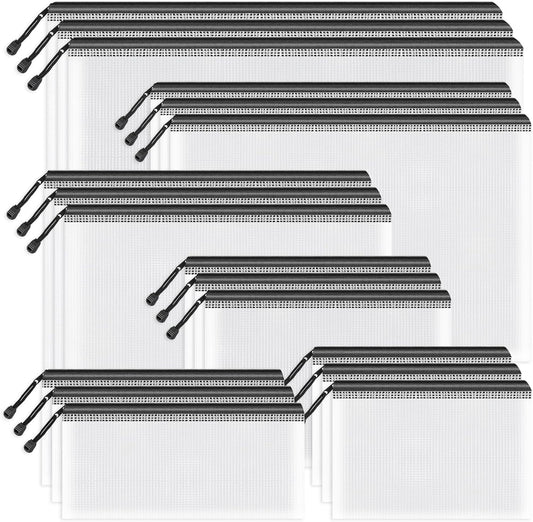 Umriox Zipper Mesh Document Pouch, 6 Assorted Size (Black, 18 Packs), Clear Zipper Pouches, Waterproof Travel Pouch for Office Supplies, Puzzles, Board Games and Craft Projects