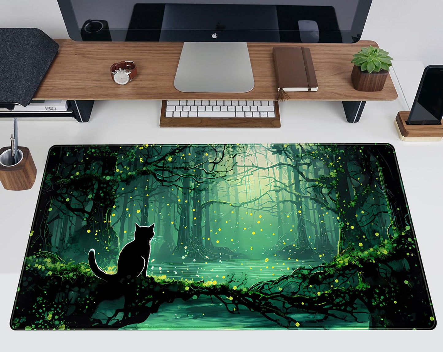 Kawaii Green Forest Desk Pad Mouse Pad Cute Black Cat Desk Mat, XXL Extended Anime Cats Large Gaming Mousepad, Computer Keyboard and Mouse Deskpad Decor Deskmat with Stitched Edges Mat 31.5x15.7 in