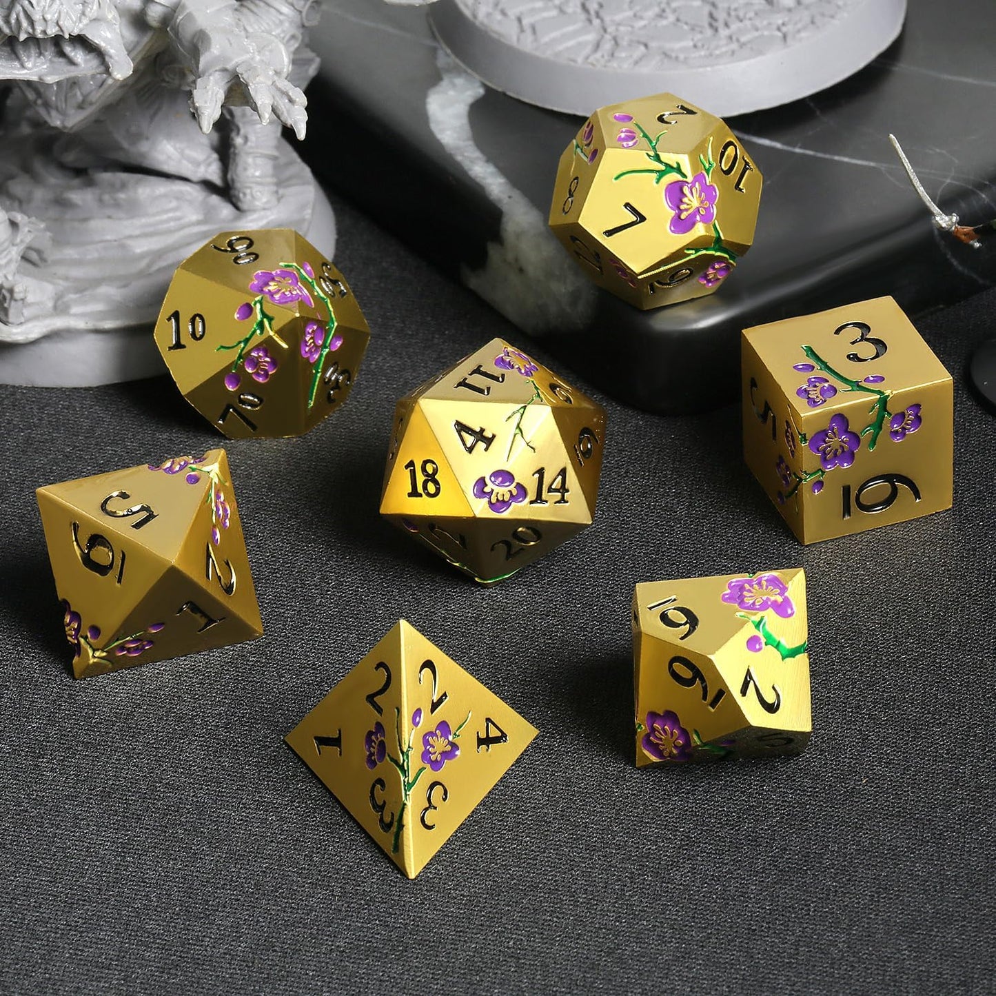 DNDND Metal Dice Set, 7 PCS Metallic Flowers DND Dice with Gorgeous Gift Case for D&D Dungeons and Dragon Tabletop Game (Purple Flowers with Gold)