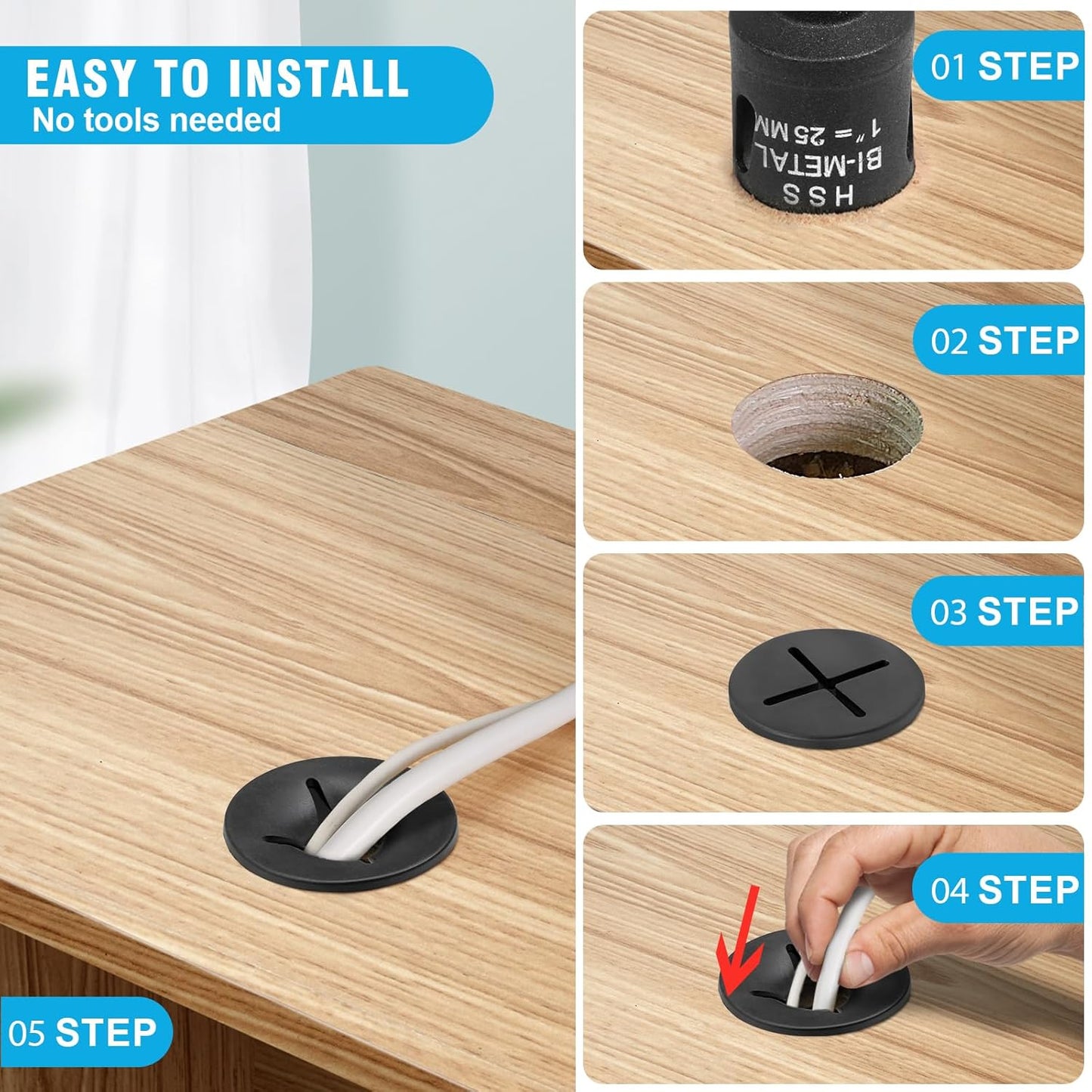 1" Black Desk Grommet, JTemgle Flexible Cable Grommet with Bi-Metal Hole Saw Cross Rubber Cable Hole Cover Wire Organizer Caps Desktop Cord Management for Home Office TV Stands Tabletops, 13 Pieces