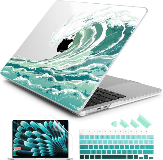 Batianda Premium Case for New MacBook Air 15 inch 2025 M4 2024 2023 with M3 M2 Chip Model A3241/A3114/A2941, Designed Protective Plastic Hardshell & Keyboard Cover & Screen Protector, Waves