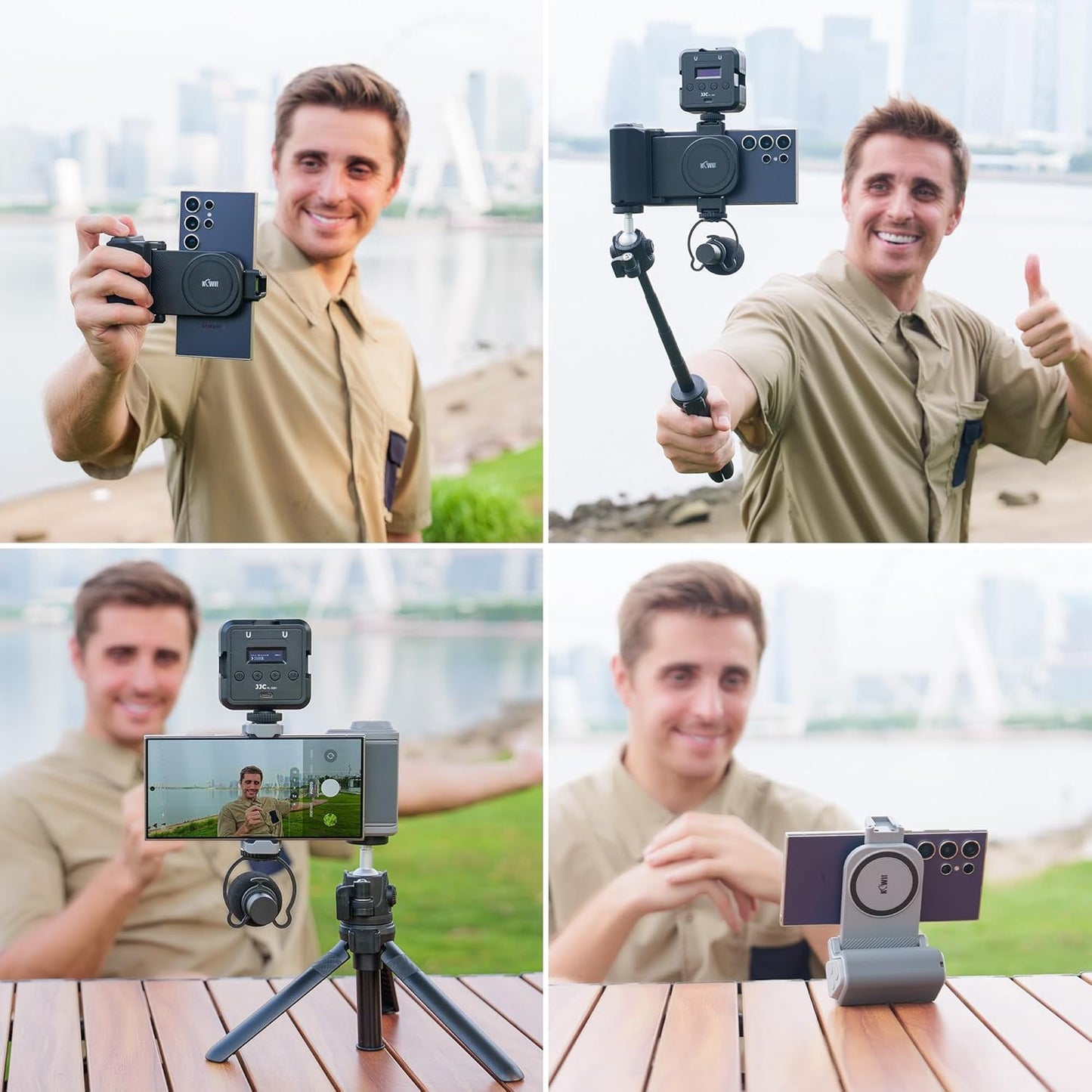 KIWIFOTOS Travel Phone Camera Grip Smartphones Tripod Handle with Remote Control & Cold Shoe Mount for iPhone 16 15 14 Pro Max Samsung S24 S25 Selfie Vlog Video Shooting