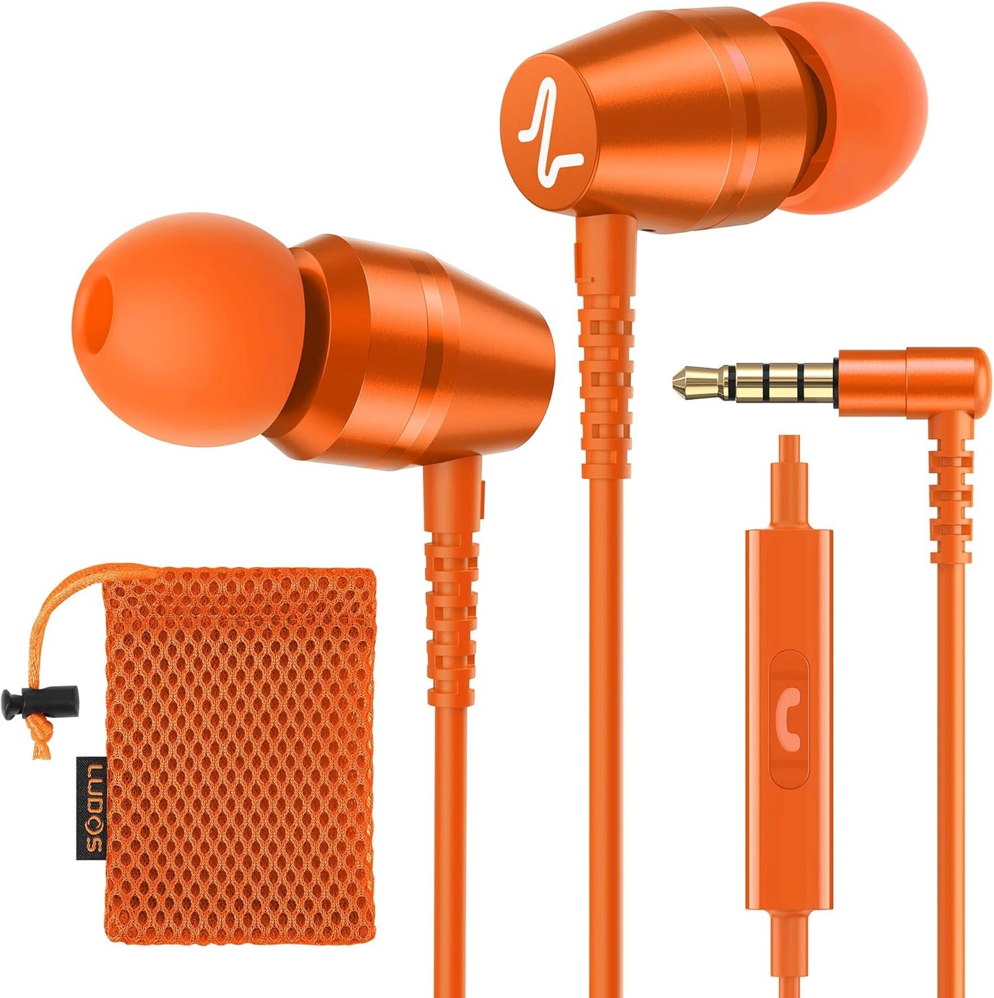 LUDOS OMNITONE Wired Earbuds in-Ear Headphones, 5 Years Warranty, Earphones with Microphone, 3.5 mm Jack Corded Ear Buds, Videoconference for iPhone, Samsung, Laptop, Kids, School Students - Orange