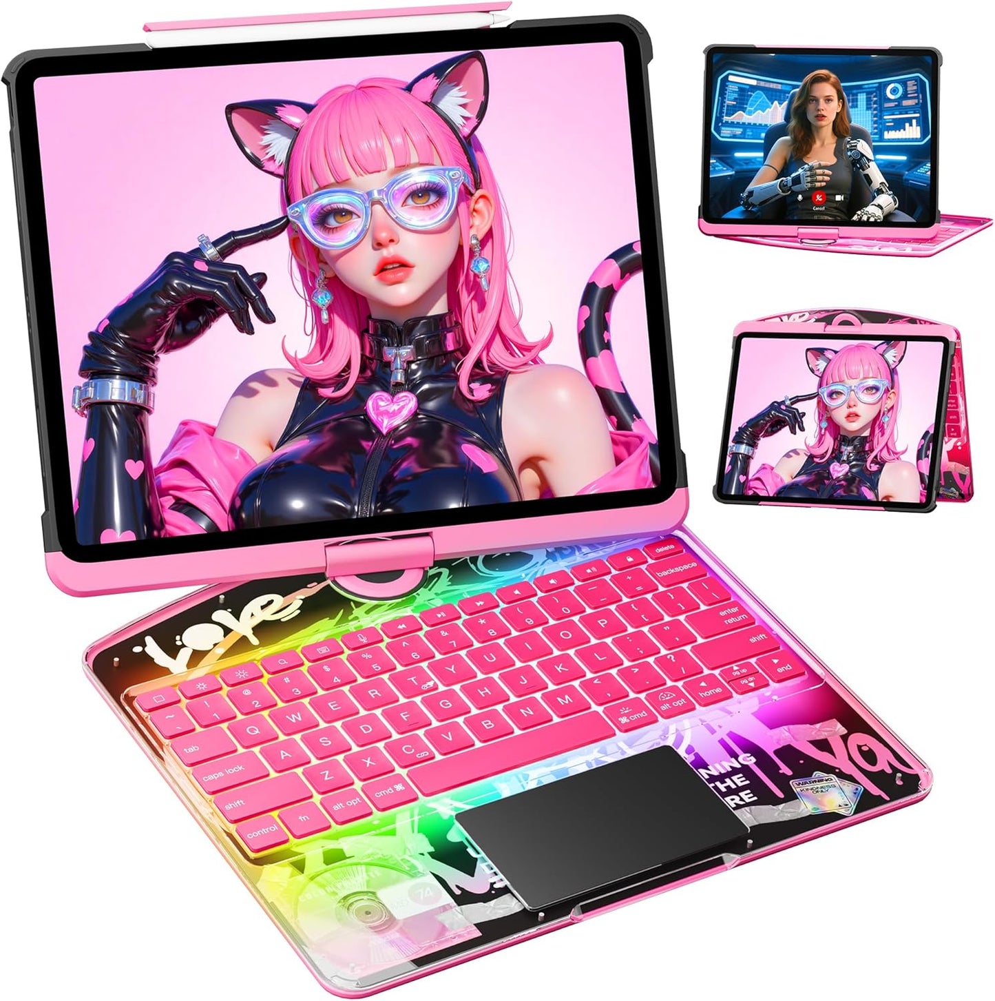 KITONE Transparent Case with Wireless Keyboard for iPad Air 13-in.(M3/M2, 2025/2024), 7 Colors Backlight, Trackpad, 360°Rotating Stand for iPad Pro 12.9-in (6/5/4/3 Gen), Tech Style