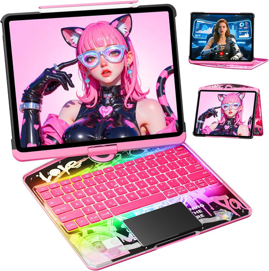 KITONE Transparent Case with Wireless Keyboard for iPad Air 13-in.(M3/M2, 2025/2024), 7 Colors Backlight, Trackpad, 360°Rotating Stand for iPad Pro 12.9-in (6/5/4/3 Gen), Tech Style