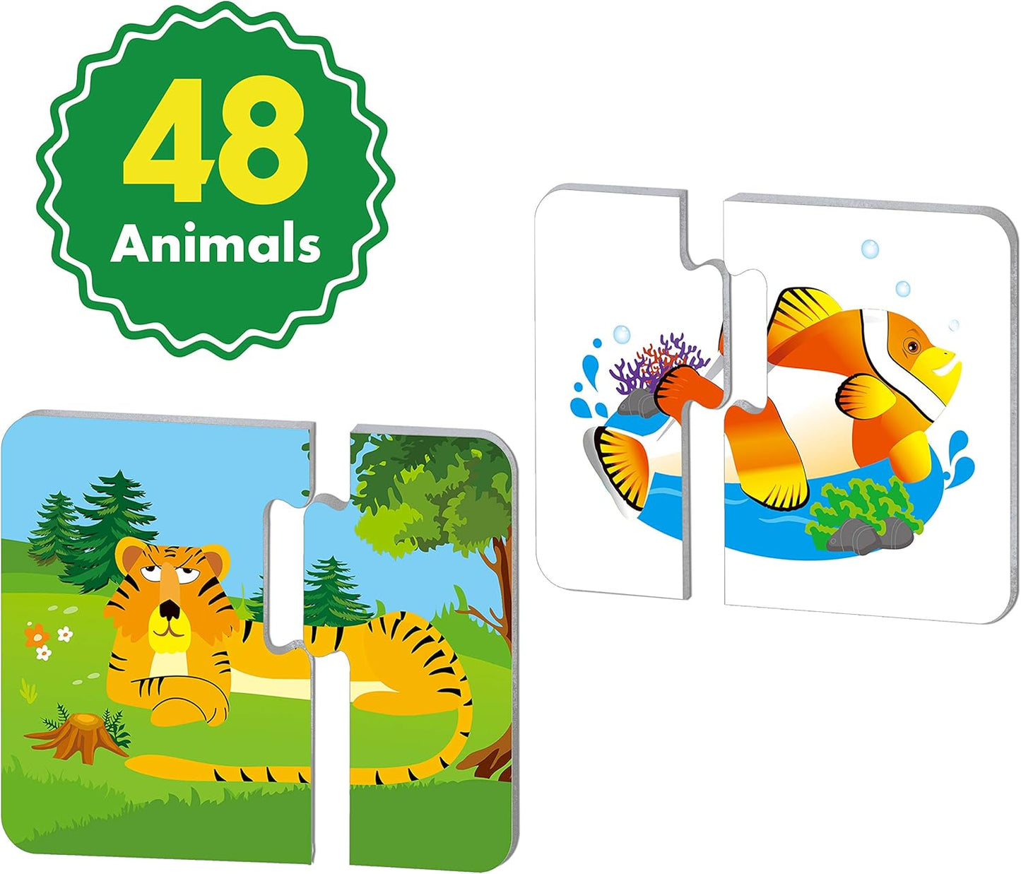 48 Animal Matching Puzzles with Error-Correction Mechanism Pre-Primer in 2 Pieces, Perfect for Preschool Learning (24 Blocks Double Sided)