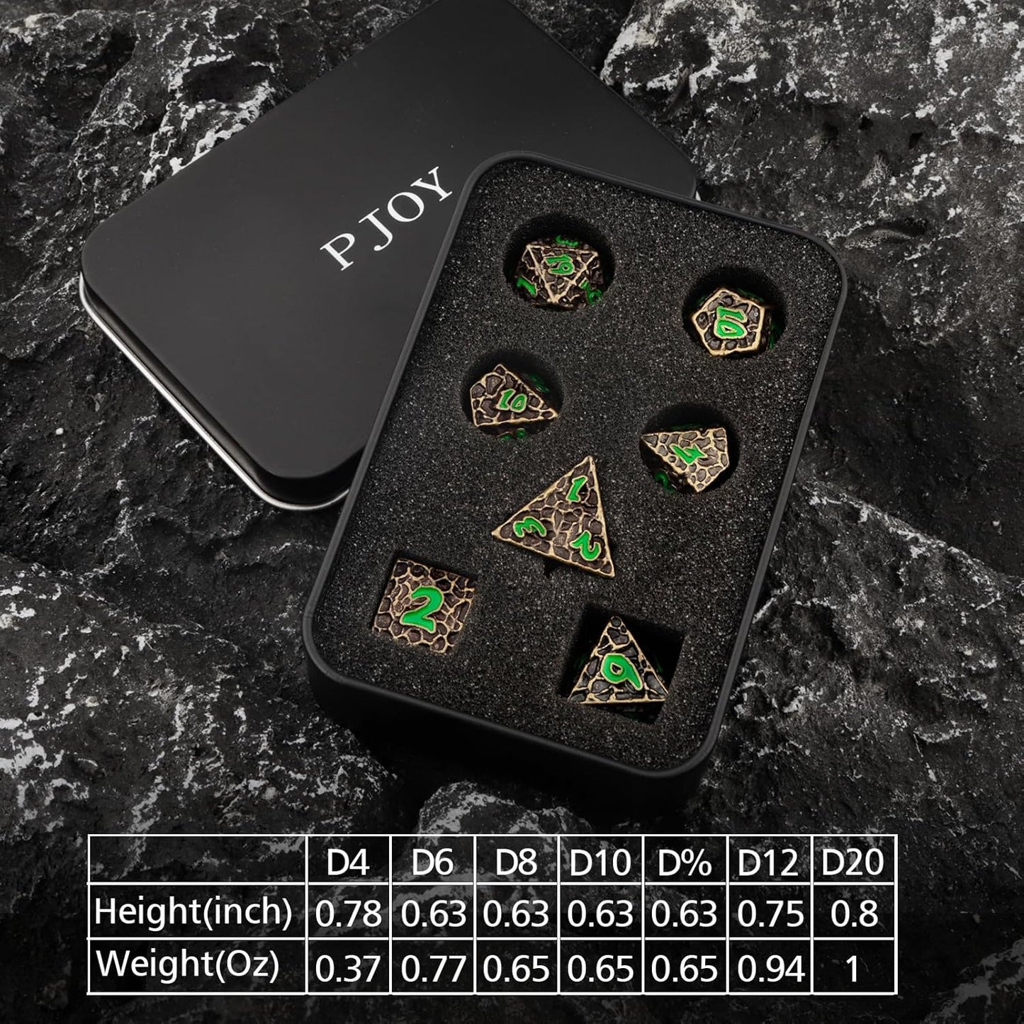 PJOY Metal Dice Set D&D for Dungeons and Dragons Green Metal Druid DND Dice with Case Meteorite Bronze 16mm 7PCS Role Playing Cool DND Gifts for Players DM Game Masters