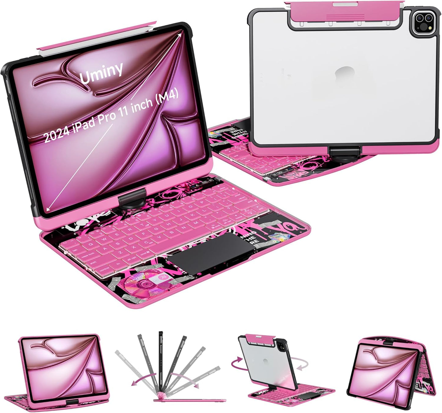 iPad Keyboard Case for 2024 M4 iPad Pro 11 inch, Magic Wireless Keyboard with Trackpad 7 Color Backlit, 360° Rotating Stand Transparent Protective Cover with Pencil Holder (Pink)