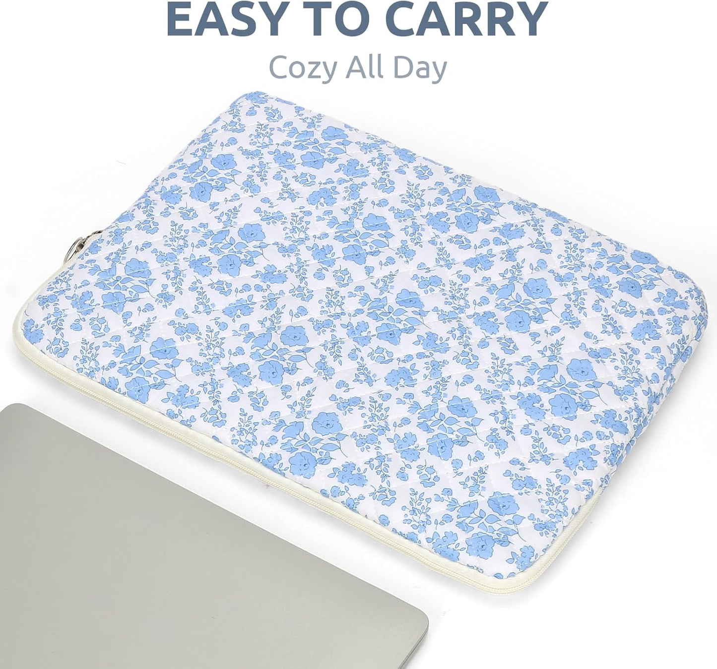 Puffy Laptop Sleeve 13-15.6 Inch Cute Quilted Laptop Protective Case Padded Floral Computer Sleeve for MacBook (B-Blue, 11 Inch)