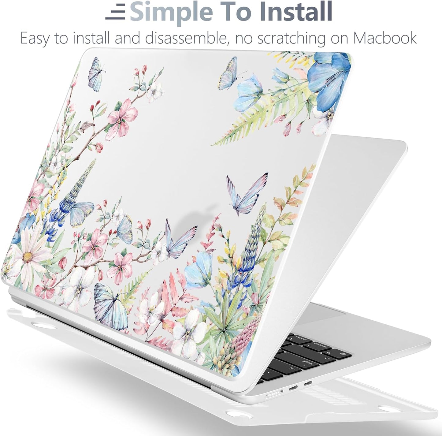 Batianda Premium Case for New MacBook Air 15 inch 2025 M4 2024 2023 with M3 M2 Chip, Designed Protective Plastic Hardshell & Keyboard Cover & Screen Protector, Butterfly and Flower