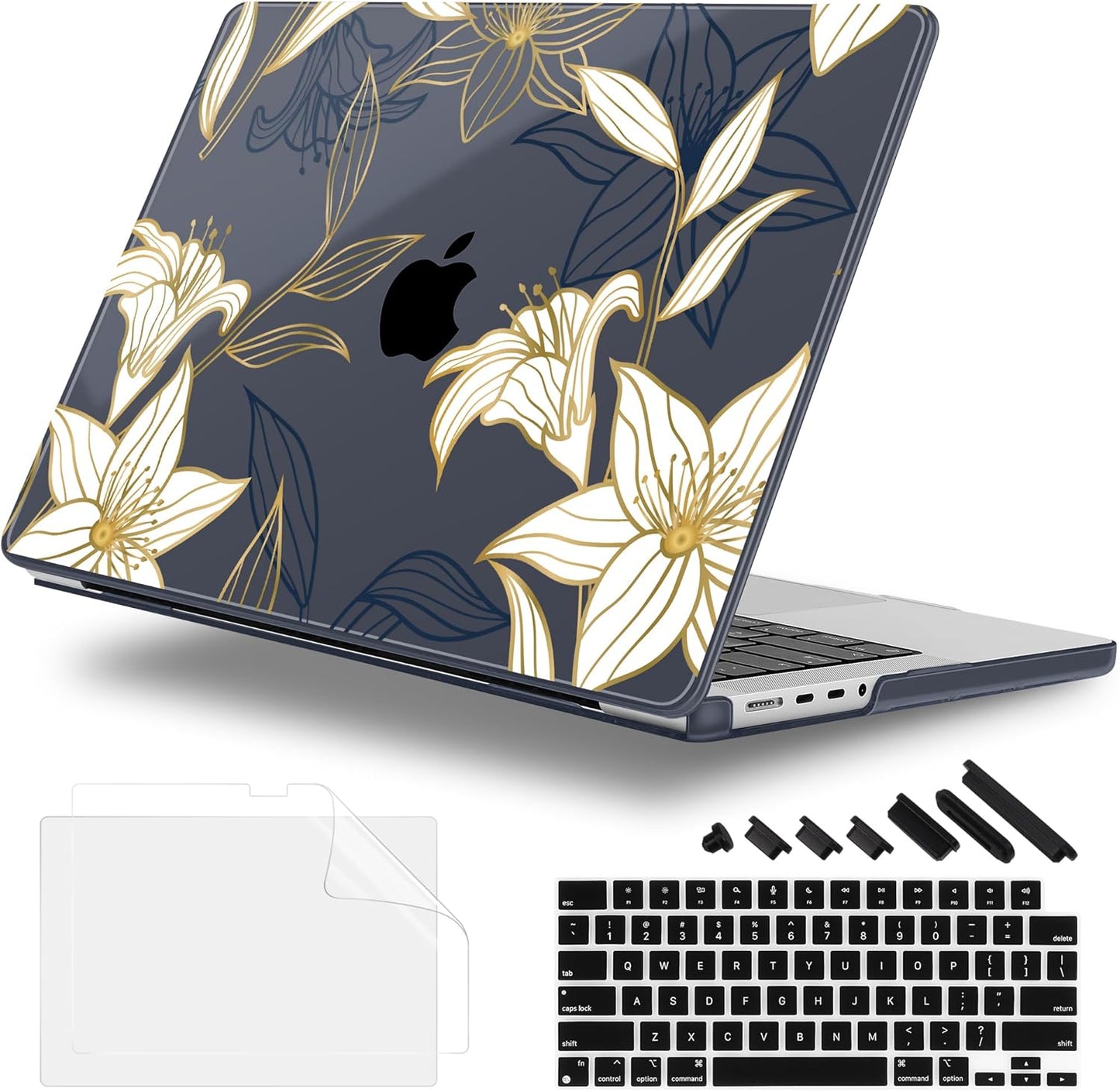 for MacBook Pro 16 inch Case 2021 2022 2023 2024 Release A3186 A3403 M4 A2991 M3 A2780 M2 A2485 M1 Pro/Max, Hard Shell Case with Screen Protector & Keyboard Cover, Golden Floral