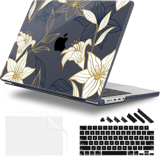 for MacBook Pro 16 inch Case 2021 2022 2023 2024 Release A3186 A3403 M4 A2991 M3 A2780 M2 A2485 M1 Pro/Max, Hard Shell Case with Screen Protector & Keyboard Cover, Golden Floral