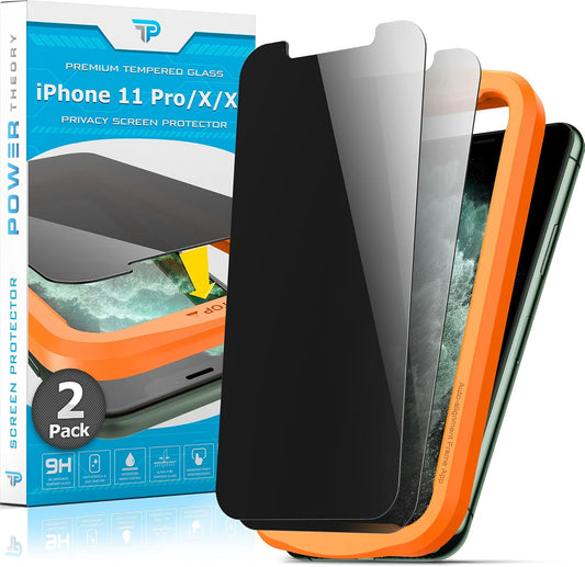 Power Theory Designed for iPhone X, iPhone Xs Privacy Screen Protector Tempered Glass Anti Spy protection [9H Hardness], Easy Install Kit, 99% HD Bubble Free Case Friendly, 2 Pack