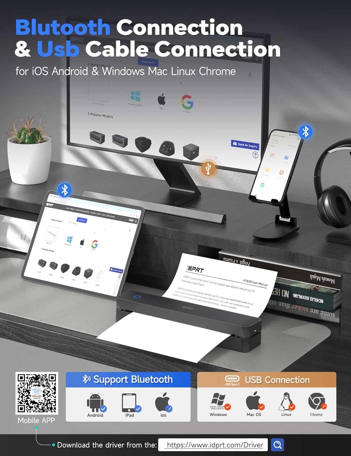 Portable Thermal Printer for Travel - 300DPI Mobile Inkless Printers, Wireless Small Printer for Home Use, Office, Vehicles, Bluetooth Printers Supports 8.5" x 11" US Letter & A4 & A5 Size, Black