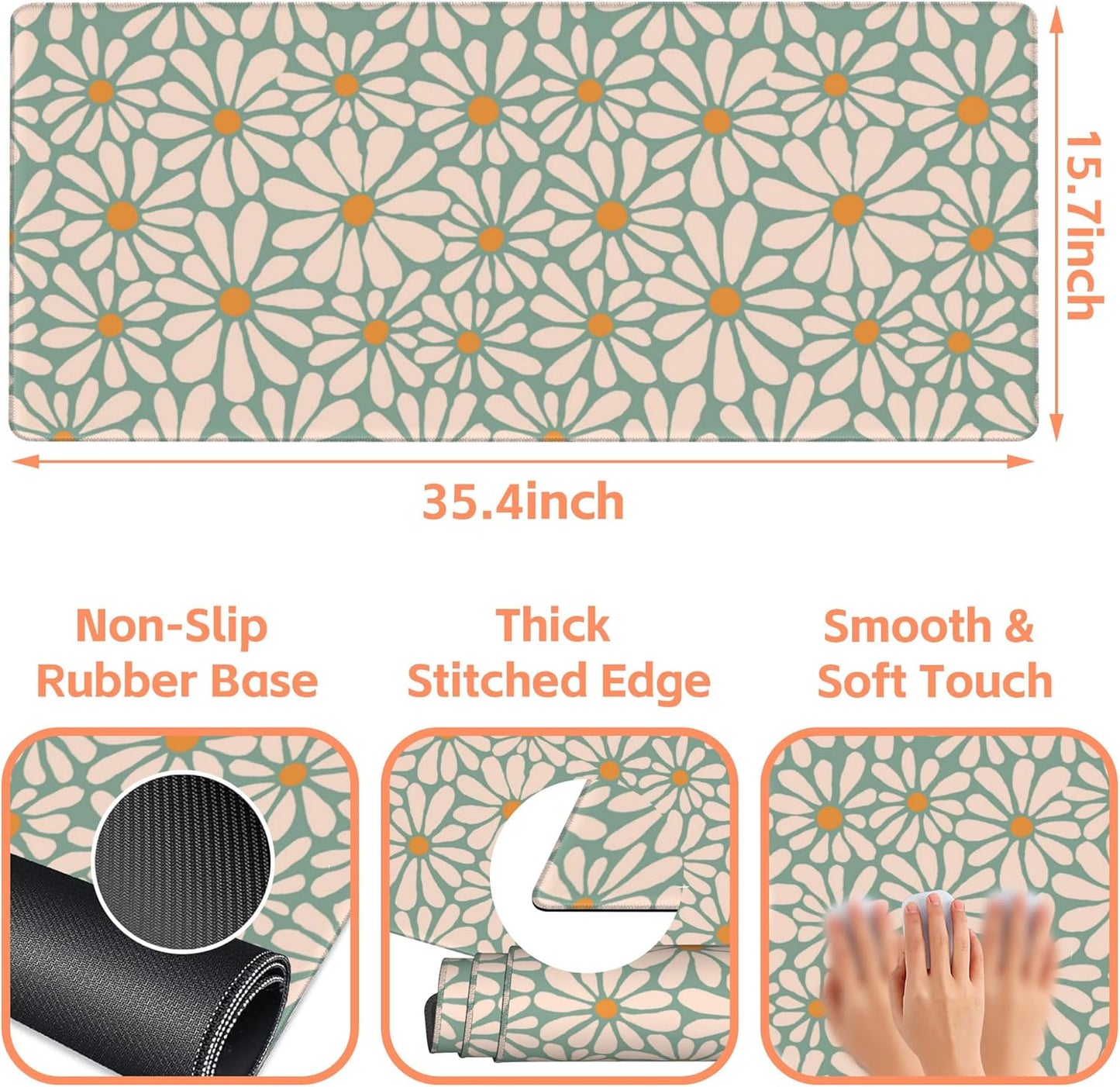 Mouse Pad Large Boho with Daisy Flowers Non-Slip Gaming Desk Mat with Stitched Edge Laptop Keyboard Desk Pad for Work Home Gaming (35.4 x 15.7 Inches)